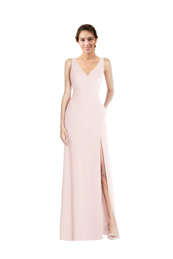 Square Neck Low Back A-Line Bridesmaid Dress / Prom Dress with Front Slit and Pockets