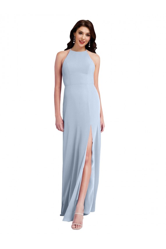 Fit and Flare High Neck Formal Crepe Bridesmaid Dress / Prom Dress with Side Slit