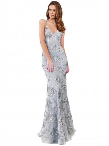 Shop Silver V-Neckline Backless Floral Patterned Sequin Formal Bridesmaid Dress / Prom Dress UK