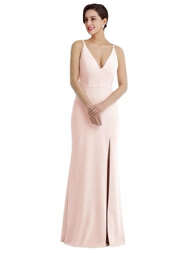 Shop Skinny Strap Deep V-Neck Trumpet Formal Crepe Bridesmaid Dress / Prom Dress with Front Slit UK