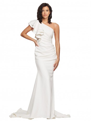 Shop Ruched Long Sweep Train Crepe Bridesmaid Dress / Prom Dress with Shoulder Ruffles UK