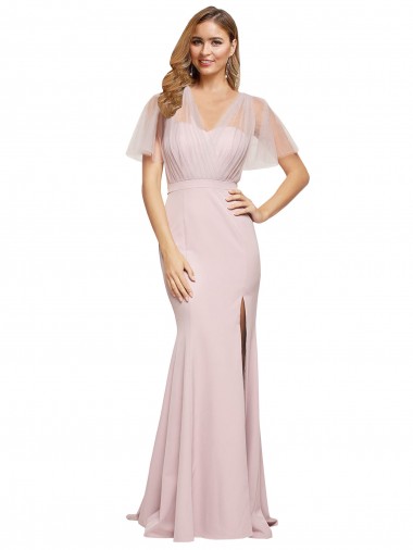 Shop Crepe Long Sweetheart Neckline Formal Bridesmaid Dress / Prom Dress with Tulle Overlay Shoulders UK