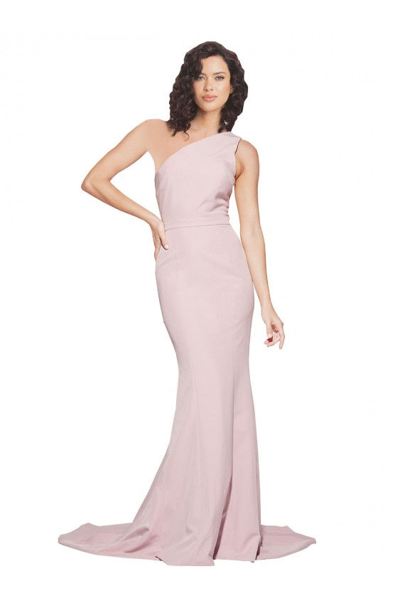 Long Sweep Train One Shoulder Crepe Bridesmaid Dress / Prom Dress with Side Leg Split