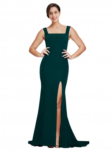 Shop Fitted Square Neck Long Crepe Bridesmaid Dress / Prom Dress with Train and Side Split UK