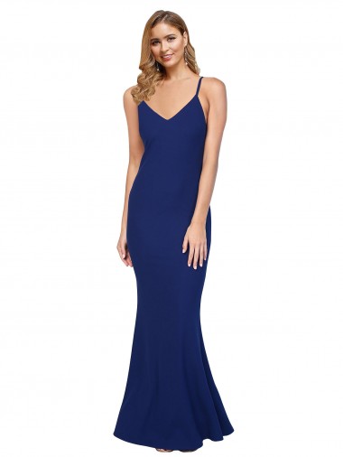 Shop Full Length V-Neckline Formal Crepe Bridesmaid Dress / Prom Dress with Thin Straps and Fulted Skirt UK