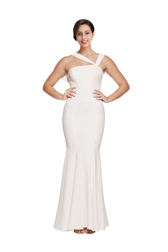 Full Length Square Neck Formal Crepe Bridesmaid Dress / Prom Dress with Asymmetrical Straps and Bow Back