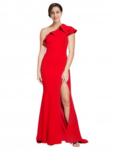 Shop One Shoulder Long Sweep Train Crepe Bridesmaid Dress / Prom Dress with Thigh High Split UK