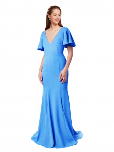 Shop Short Sleeves Long V-Neck Crepe Bridesmaid Dress / Prom Dress with V-Back UK