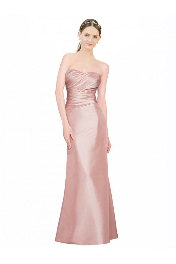 Long Strapless Formal Stretch Satin Bridesmaid Dress / Prom Dress with Pleats and Low Back