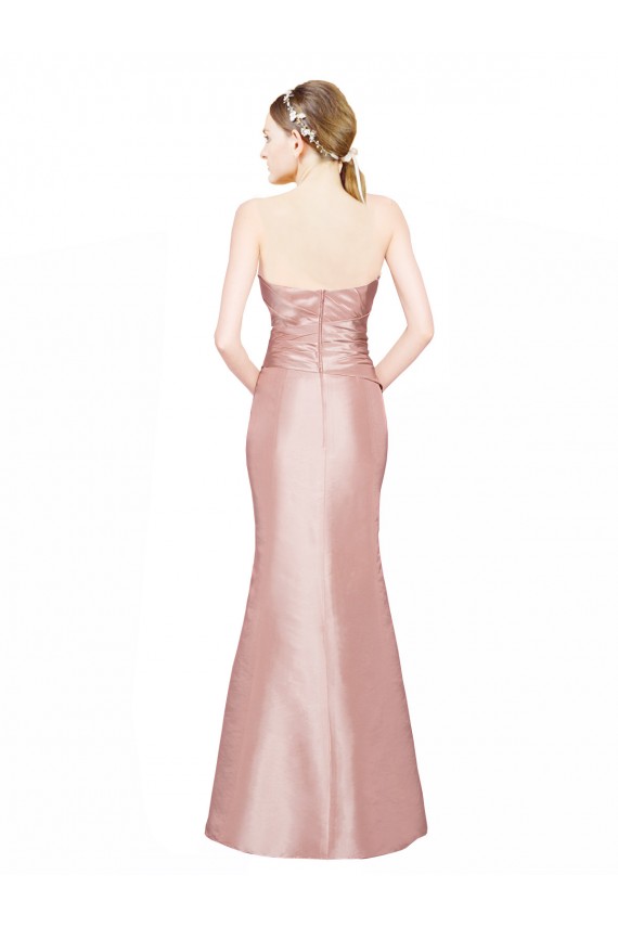 Long Strapless Formal Stretch Satin Bridesmaid Dress / Prom Dress with Pleats and Low Back