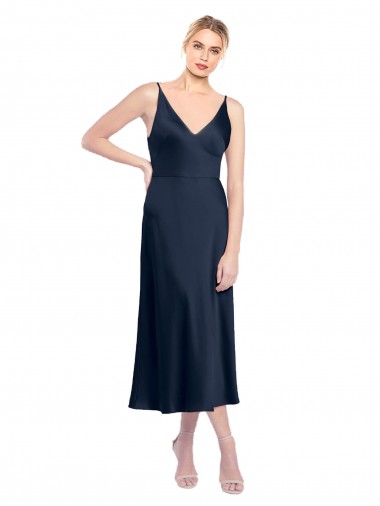 Shop V-Neck Midi Length Short Cocktail Formal Stretch Satin Bridesmaid Dress / Prom Dress V-Back UK