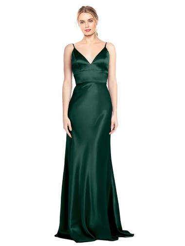 Shop High V-Neck Long Full Length Sheath Formal Stretch Satin Bridesmaid Dress / Prom Dress UK