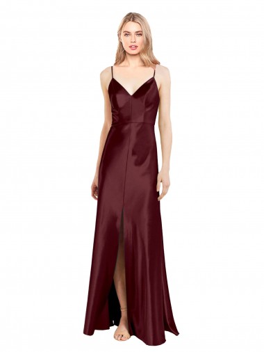 Shop Sleek Spaghetti Straps V-Neck Formal Stretch Satin Bridesmaid Dress / Prom Dress with Center Front Slit UK