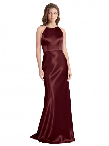 Shop High Neck Halter Long Sleeveless Formal Stretch Satin Bridesmaid Dress / Prom Dress with Strappy Back UK