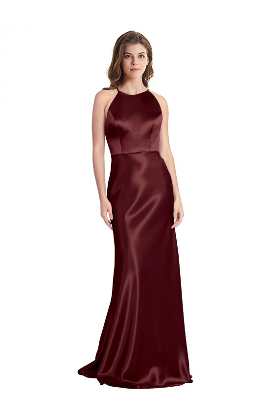 High Neck Halter Long Sleeveless Formal Stretch Satin Bridesmaid Dress / Prom Dress with Strappy Back