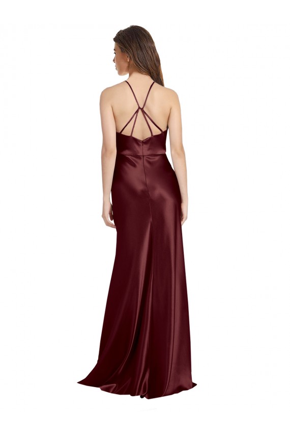 High Neck Halter Long Sleeveless Formal Stretch Satin Bridesmaid Dress / Prom Dress with Strappy Back