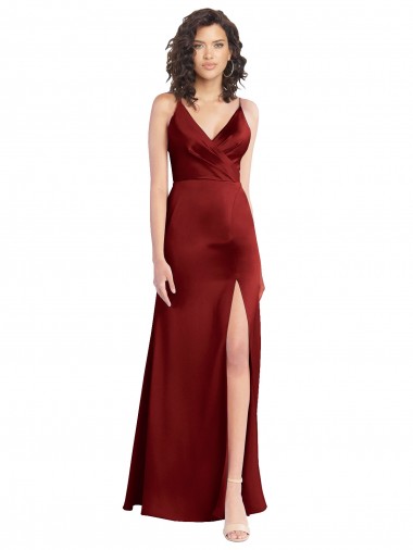 Shop Faux Surplice Neckline Long Slim A-Line Formal Stretch Satin Bridesmaid Dress / Prom Dress UK