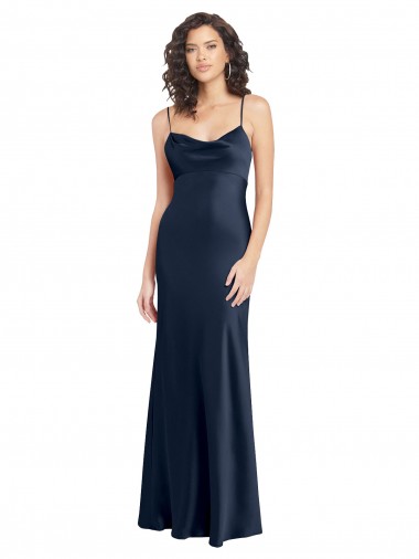 Shop Cowl Neck Long Empire Waist Formal Stretch Satin Bridesmaid Dress with Open Back UK