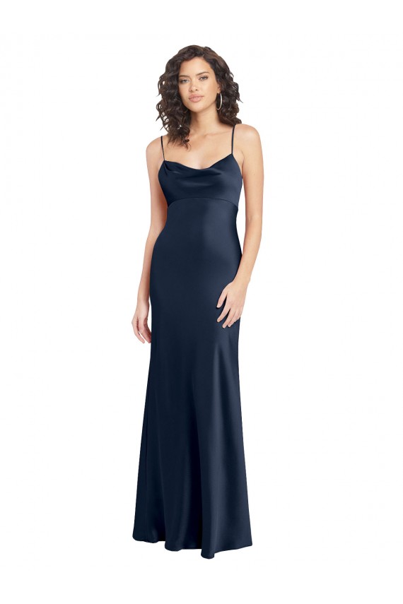 Cowl Neck Long Empire Waist Formal Stretch Satin Bridesmaid Dress with Open Back