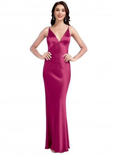 Shop V-Neck Spaghetti Straps Slim Formal Stretch Satin Bridesmaid Dress / Prom Dress with Low Scoop Back UK