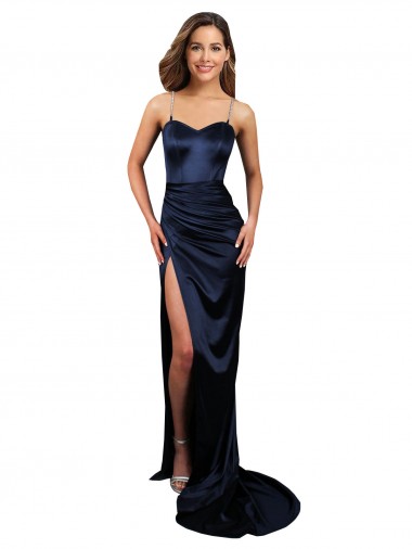 Shop Pleated Sash Skirt Long Formal Stretch Satin Bridesmaid Dress / Prom Dress with High Slit UK