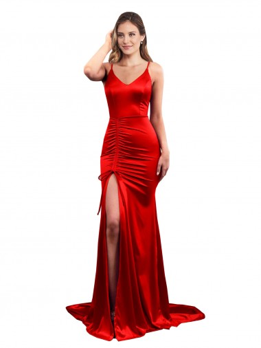 Shop Long Pleated Formal Stretch Satin Bridesmaid Dress / Prom Dress with High Slit UK