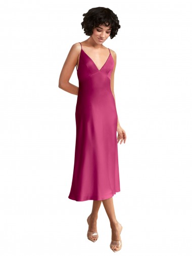 Shop Midi Length V-Neck Short Formal Stretch Satin Bridesmaid Dress / Cocktail Prom Dress with Low Scoop Back UK