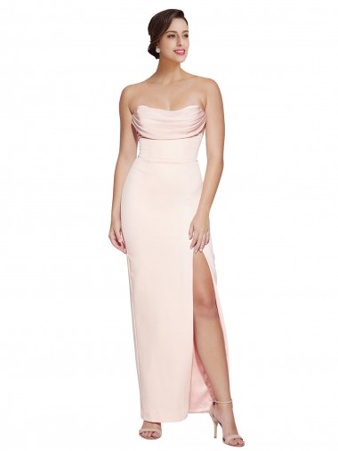 Shop Cowl Neck Strapless Formal Stretch Satin Bridesmaid Dress / Prom Dress with High Split UK