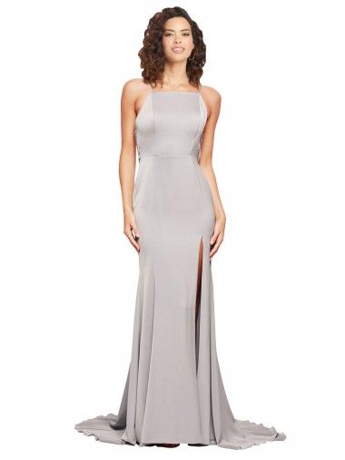 Shop High Neck Low Back Long Full Length Formal Stretch Satin Bridesmaid Dress / Prom Dress UK