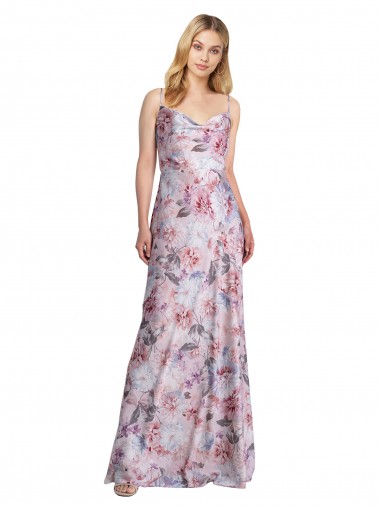 Shop Draped Cowl Neck Long Printed Formal Stretch Satin Bridesmaid Dress UK