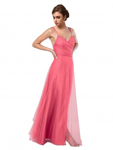 Shop Flowy A-Line Tulle Bridesmaid Dress with Double Straps and V-Neck UK