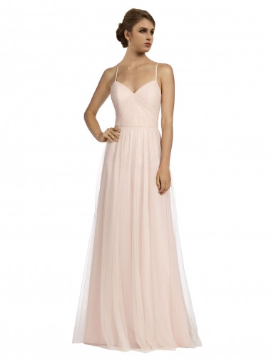 Shop Long Draped Back A-Line Tulle Bridesmaid Dress with Pleated Bodice UK