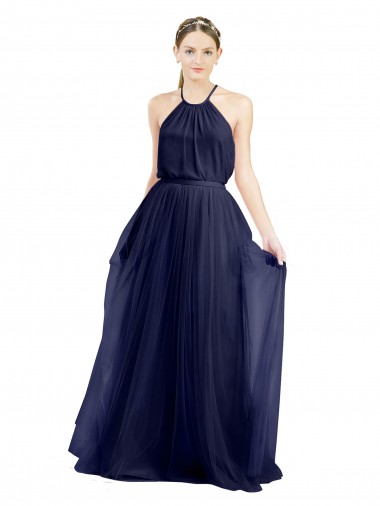 Shop Long A-Line High Neck Halter Tulle Bridesmaid Dress UK