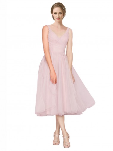 Shop Short Tea Length Wide Strap Plunge Cross Over Neckline Tulle Cocktail Bridesmaid Dress UK