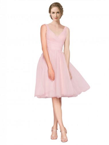 Shop Short Knee Length Wide Strap Plunge Cross Over Neckline Tulle Cocktail Bridesmaid Dress UK