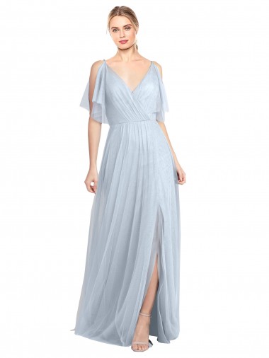 Shop Floor Length Flutter Sleeves Long Tulle Bridesmaid Dress with Side Slit UK