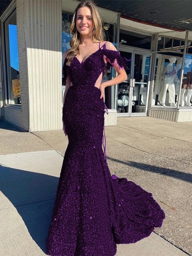 Shop Cold Shoulder Sleeveless Long Court Train Velvet Sequin Prom Dress UK