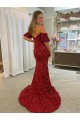 Off the Shoulder Short Sleeves Long Floor Length Velvet Sequin Prom Dress with High Slit