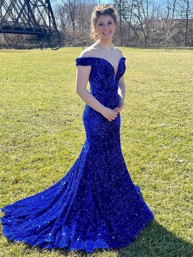 Shop Off the Shoulder Sleeveless Long Sweep Train Velvet Sequin Prom Dress UK