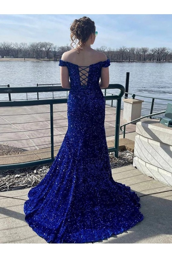 Off the Shoulder Sleeveless Long Sweep Train Velvet Sequin Prom Dress