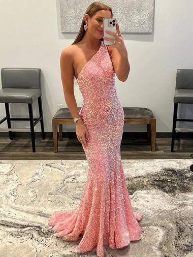 Shop Open Back One Shoulder Sleeveless Long Sweep Train Velvet Sequin Prom Dress UK