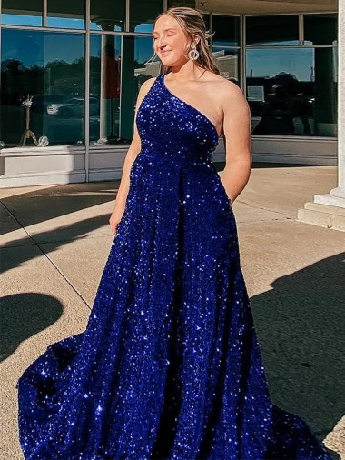 Shop A-Line One Shoulder Sleeveless Long Sweep Train Velvet Sequin Prom Dress with Pockets UK