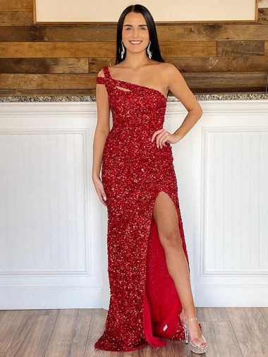 Shop One Shoulder Sleeveless Long Sweep Train Velvet Sequin Prom Dress UK