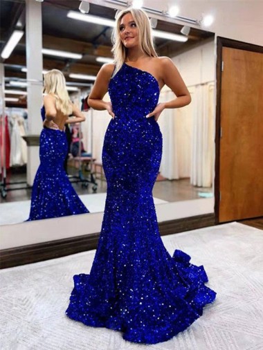 Shop Mermaid One Shoulder Open Back Long Sweep Train Velvet Sequin Prom Dress UK