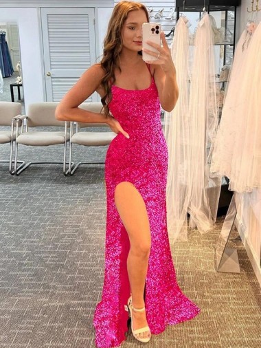 Shop Spaghetti Straps Sleeveless Long Velvet Sequin Prom Dress with Slit and Criss Cross Open Back UK