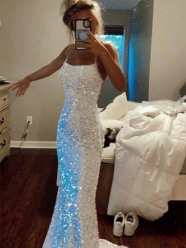 Shop Long Spaghetti Straps Sleeveless Sweep Train Velvet Sequin Prom Dress UK