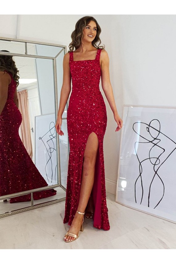 Square Neck Sleeveless Long Velvet Sequin Prom Dress with Slit