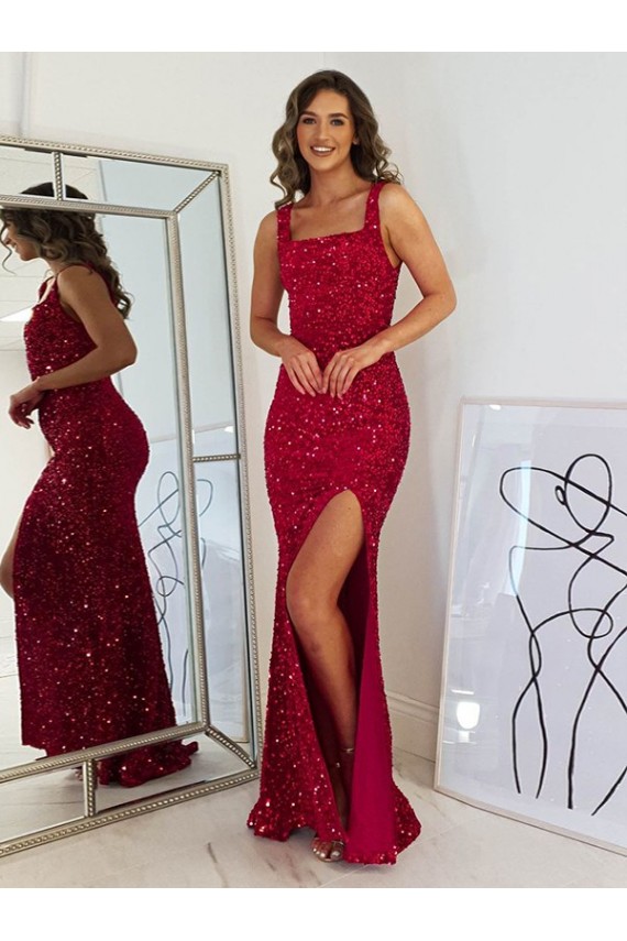 Square Neck Sleeveless Long Velvet Sequin Prom Dress with Slit