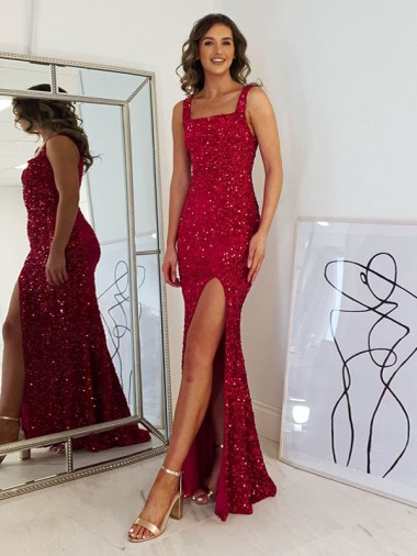 Shop Square Neck Sleeveless Long Velvet Sequin Prom Dress with Slit UK