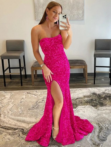 Shop Strapless Sleeveless Long Sweep Train Velvet Sequin Prom Dress with Side Slit UK